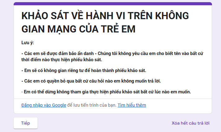 Khảo sát về hành vi trên không gian mạng của trẻ em